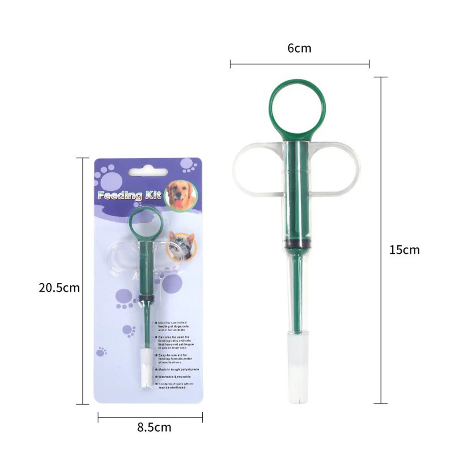 Pet Pill Plunger Dispenser Set for Small Cats and Dogs - Soft Tip Tablet Syringe Pusher in Green, Red, and Blue