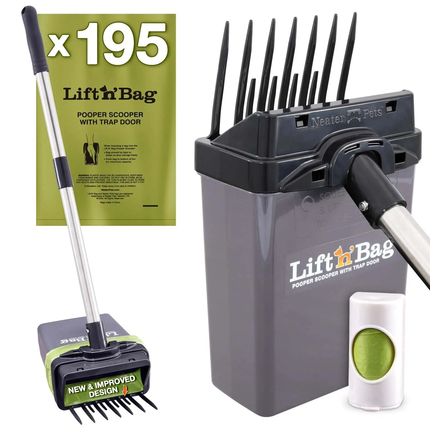 Neater Pets Lift N' Bag Dog Pooper Scooper 2.0 - 22-Inch Pole with Scoop-To-Bag Design, One-Handed Operation, Extra-Large Bags, Made in the USA