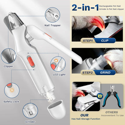 Catpick 2-in-1 Electric Pet Nail Clipper and Grinder with LED Light, Rechargeable and Ultra Quiet Grooming Tool for Dogs and Cats of All Sizes