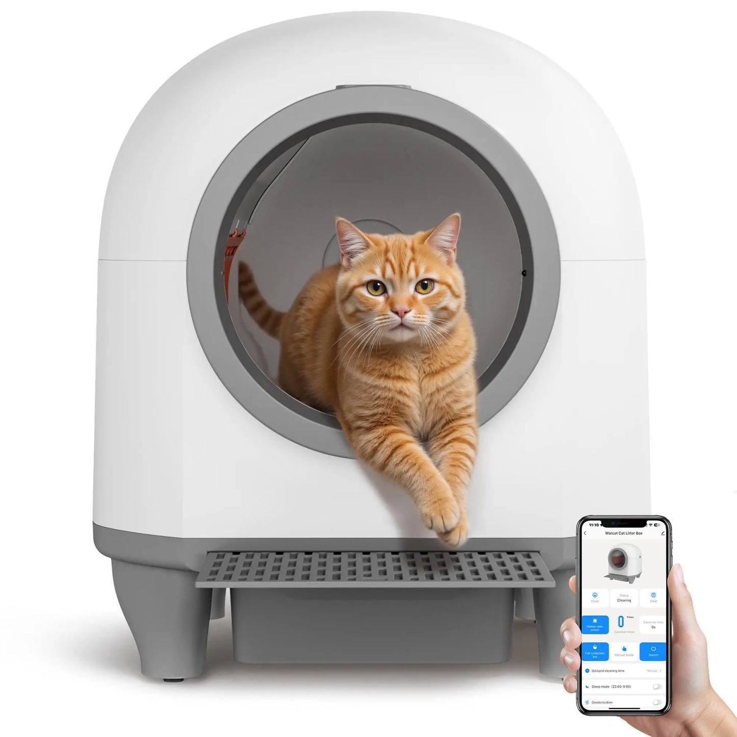 Warcat Smart Low-Noise Self-Cleaning Cat Litter Box 90L with App Control, Smart Sensors, and Safety Features for Easy Maintenance and Setup