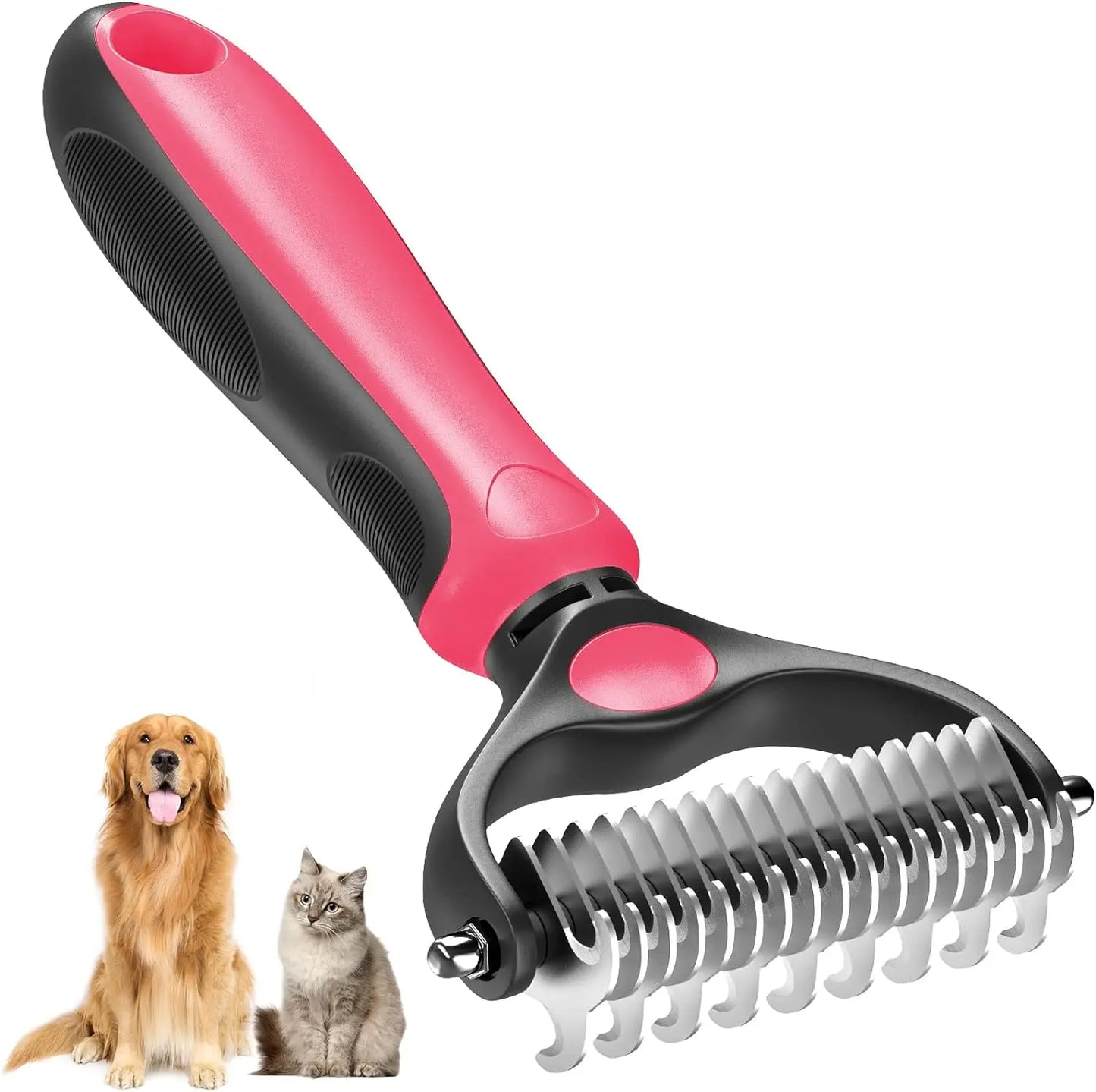 Professional Pet Grooming Brush - Double-Sided Shedding and Dematting Undercoat Rake Comb for Dogs and Cats, Eliminates Shedding and Loose Hair