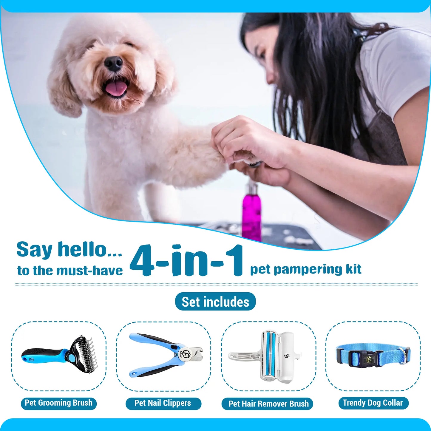 FIDEH 4-Piece Pet Grooming Set: Reusable Cat and Dog Hair Remover Brush, Double-Sided Shedding Brush, Nail Clippers and Trimmers, and Nylon Collar for Medium Dogs (Pink)