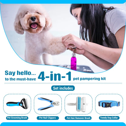 FIDEH 4-Piece Pet Grooming Set: Reusable Cat and Dog Hair Remover Brush, Double-Sided Shedding Brush, Nail Clippers and Trimmers, and Nylon Collar for Medium Dogs (Pink)