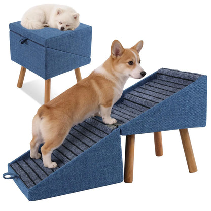 17-Inch Wooden Dog Stairs Ramp for Couch | Ziluce Convertible Ottoman Ramp for Sofa or Short Bed | Ideal for Senior, Small, and Medium Dogs, Including Dachshunds | 2-In-1 Home Step Stool with Wooden Base