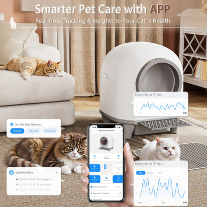 Warcat Smart Low-Noise Self-Cleaning Cat Litter Box 90L with App Control, Smart Sensors, and Safety Features for Easy Maintenance and Setup