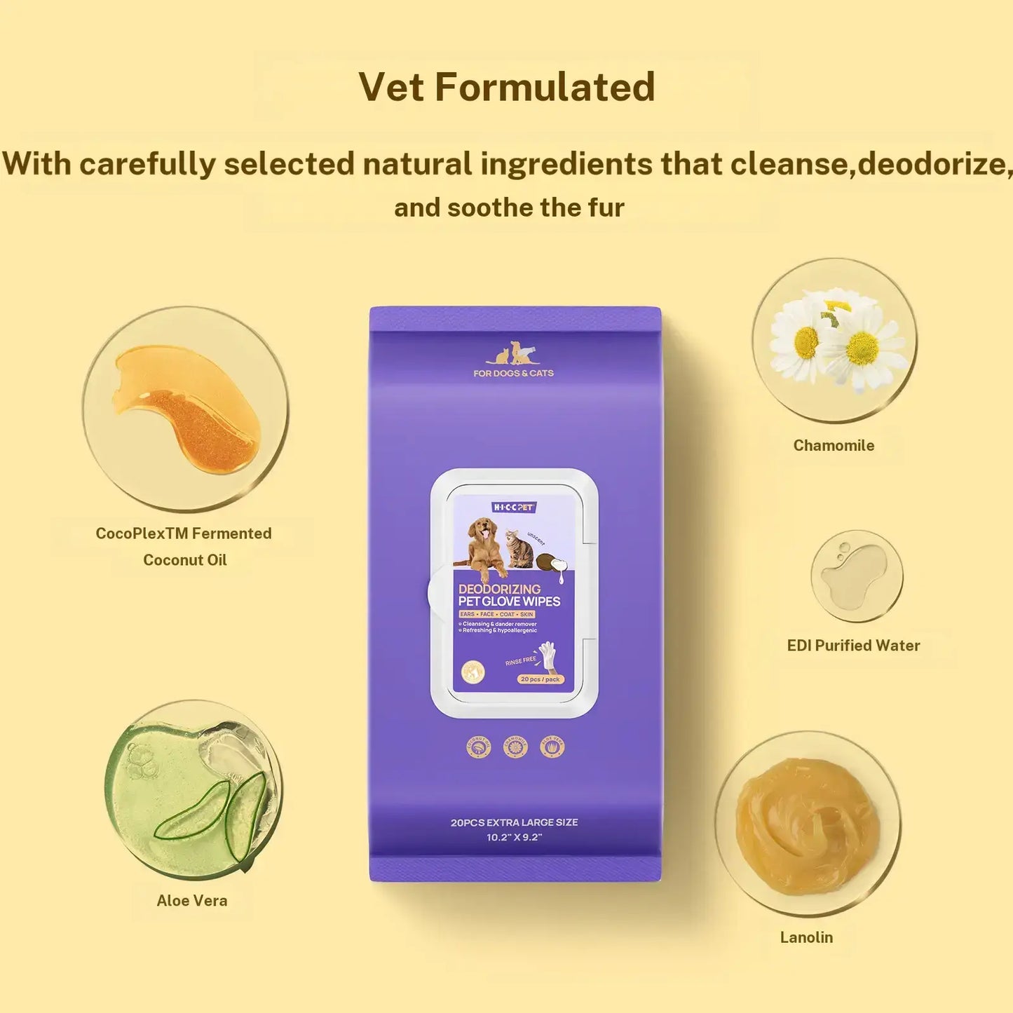HICC PET Hypoallergenic Disposable Dog Grooming Wipes (20 Count) - Natural No-Rinse Formula with Fermented Oils for Hair Removal, Deodorizing, Skin Moisture, and Paw Care for Outdoor Use