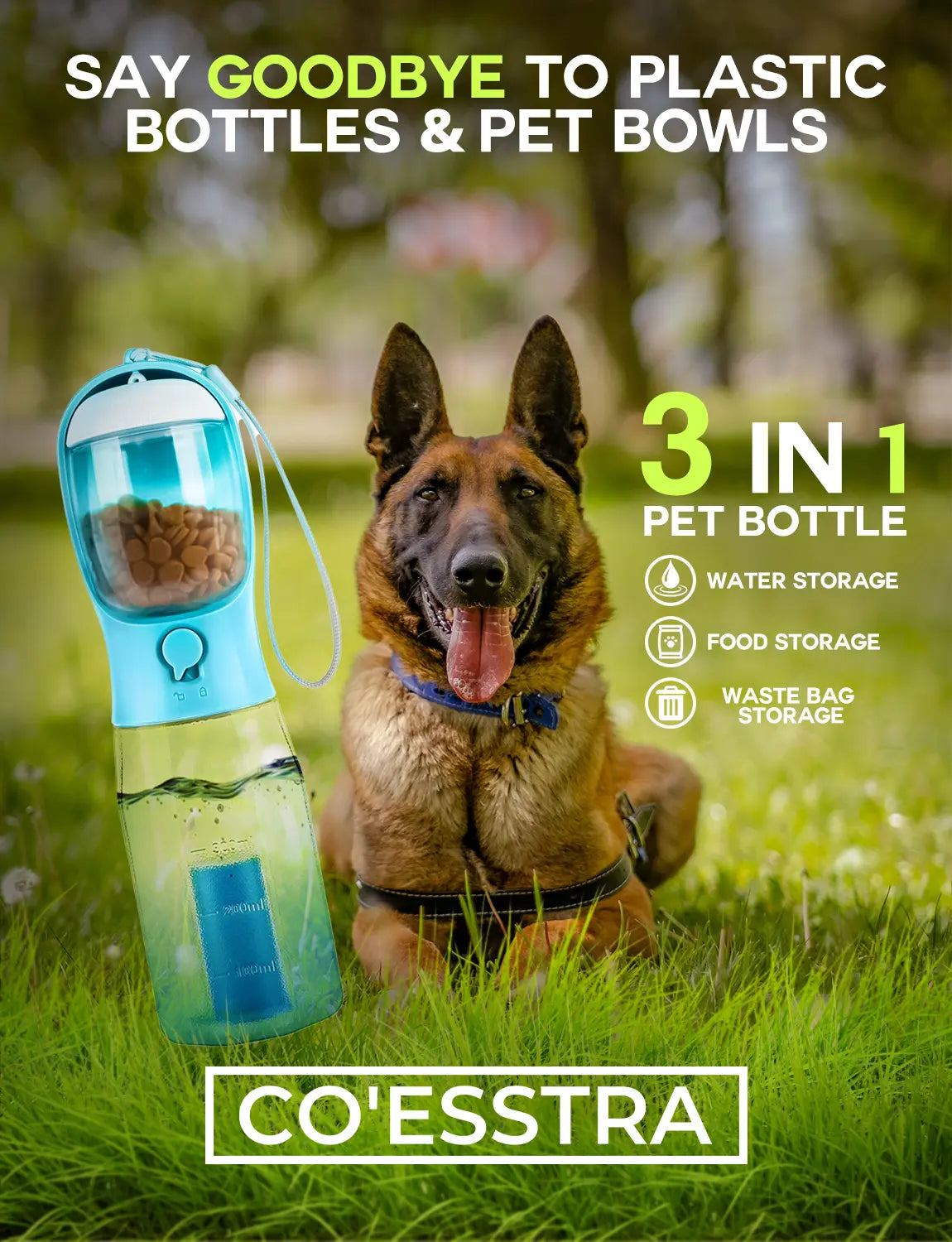 3-in-1 Portable Pet Water Bottle - 20oz Leak-Proof Container with Integrated Poop Bag Dispenser, Perfect for Travel, Hiking, and Outdoor Activities