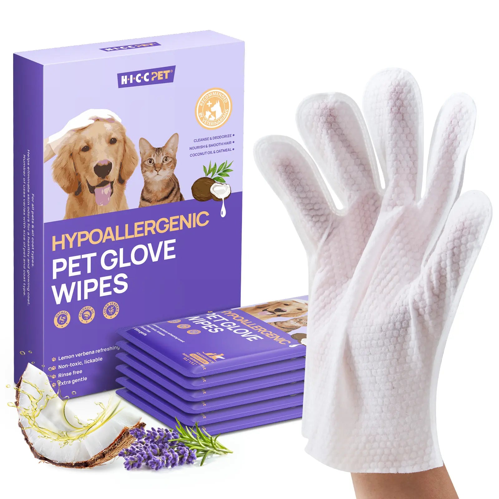 HICC PET Hypoallergenic Disposable Dog Grooming Wipes (20 Count) - Natural No-Rinse Formula with Fermented Oils for Hair Removal, Deodorizing, Skin Moisture, and Paw Care for Outdoor Use