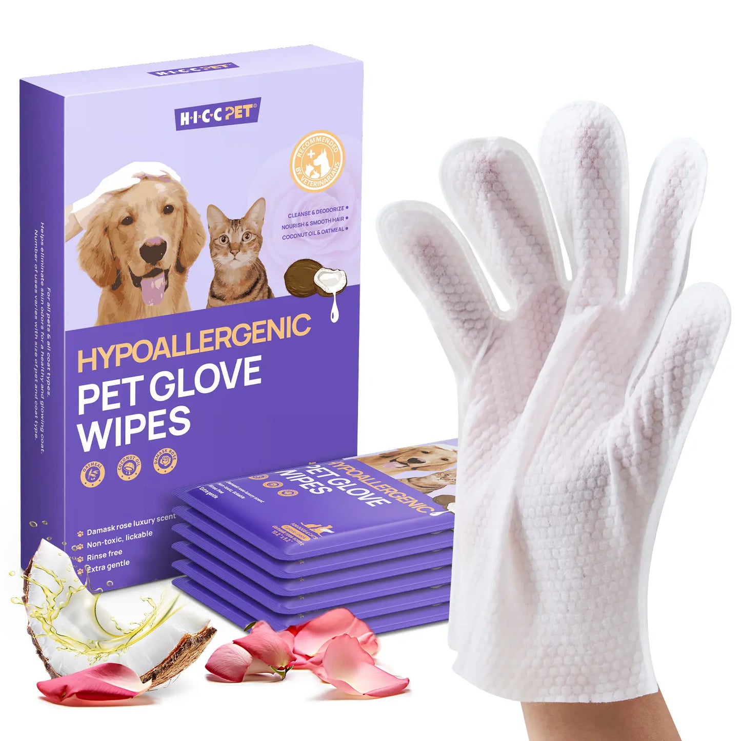 HICC PET Hypoallergenic Disposable Dog Grooming Wipes (20 Count) - Natural No-Rinse Formula with Fermented Oils for Hair Removal, Deodorizing, Skin Moisture, and Paw Care for Outdoor Use