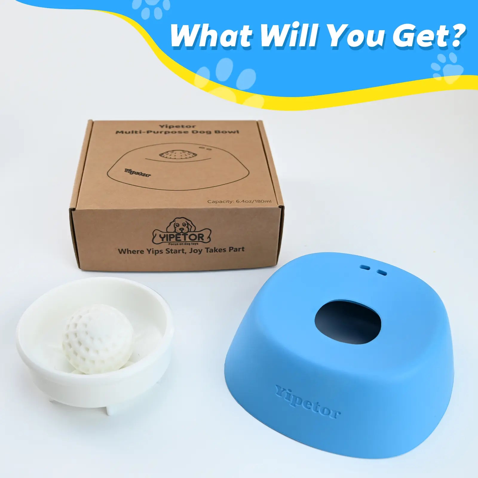 Yipetor Slow Feeder Dog Bowl with Integrated Rolling Ball for Liquid Treats, Spill-Resistant Bone Broth Licking Bowl, Versatile Puppy Yogurt Feeder Suitable for All Breeds and Dietary Supplements