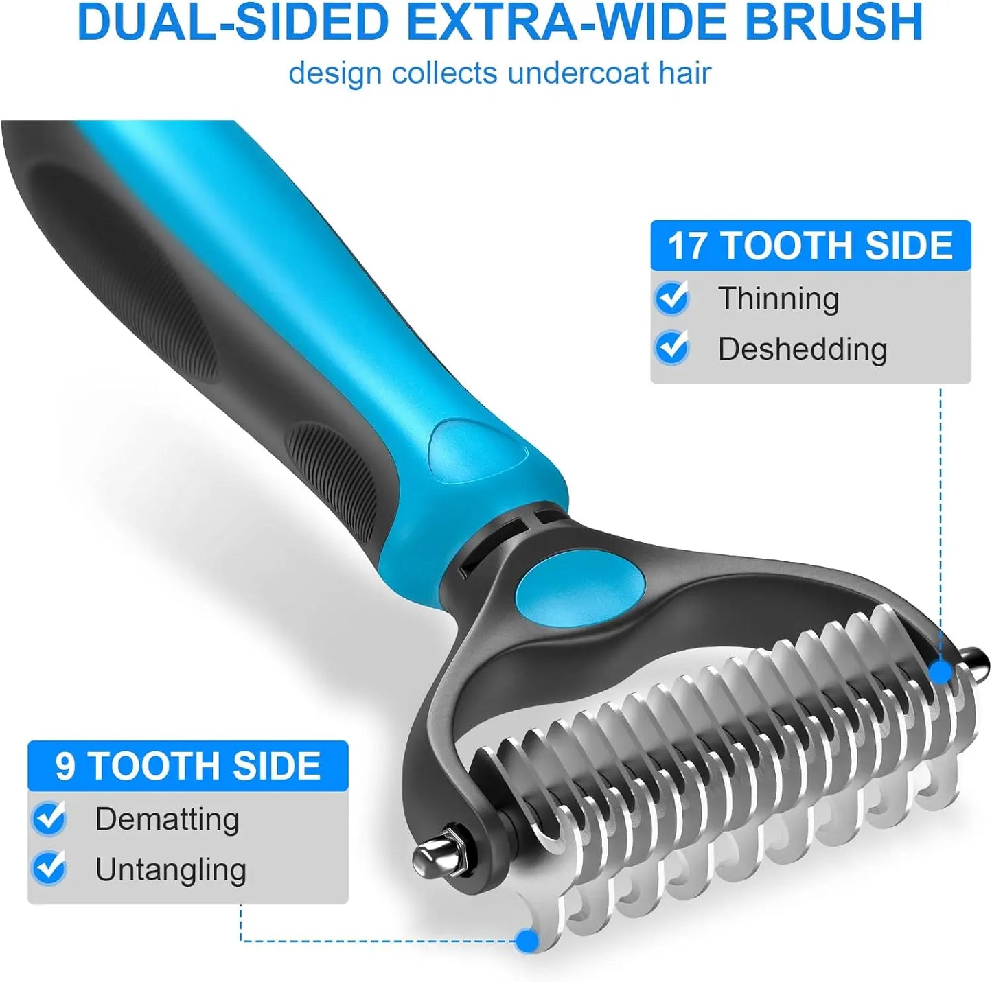 Professional Pet Grooming Brush - Double-Sided Shedding and Dematting Undercoat Rake Comb for Dogs and Cats, Eliminates Shedding and Loose Hair