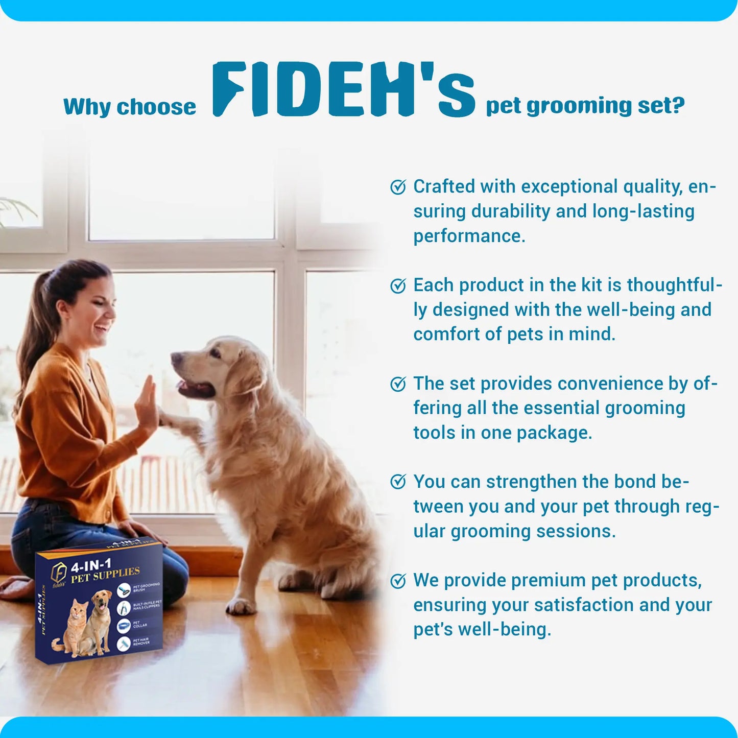 FIDEH 4-Piece Pet Grooming Set: Reusable Cat and Dog Hair Remover Brush, Double-Sided Shedding Brush, Nail Clippers and Trimmers, and Nylon Collar for Medium Dogs (Pink)