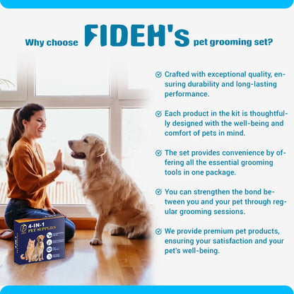 FIDEH 4-Piece Pet Grooming Set: Reusable Cat and Dog Hair Remover Brush, Double-Sided Shedding Brush, Nail Clippers and Trimmers, and Nylon Collar for Medium Dogs (Pink)