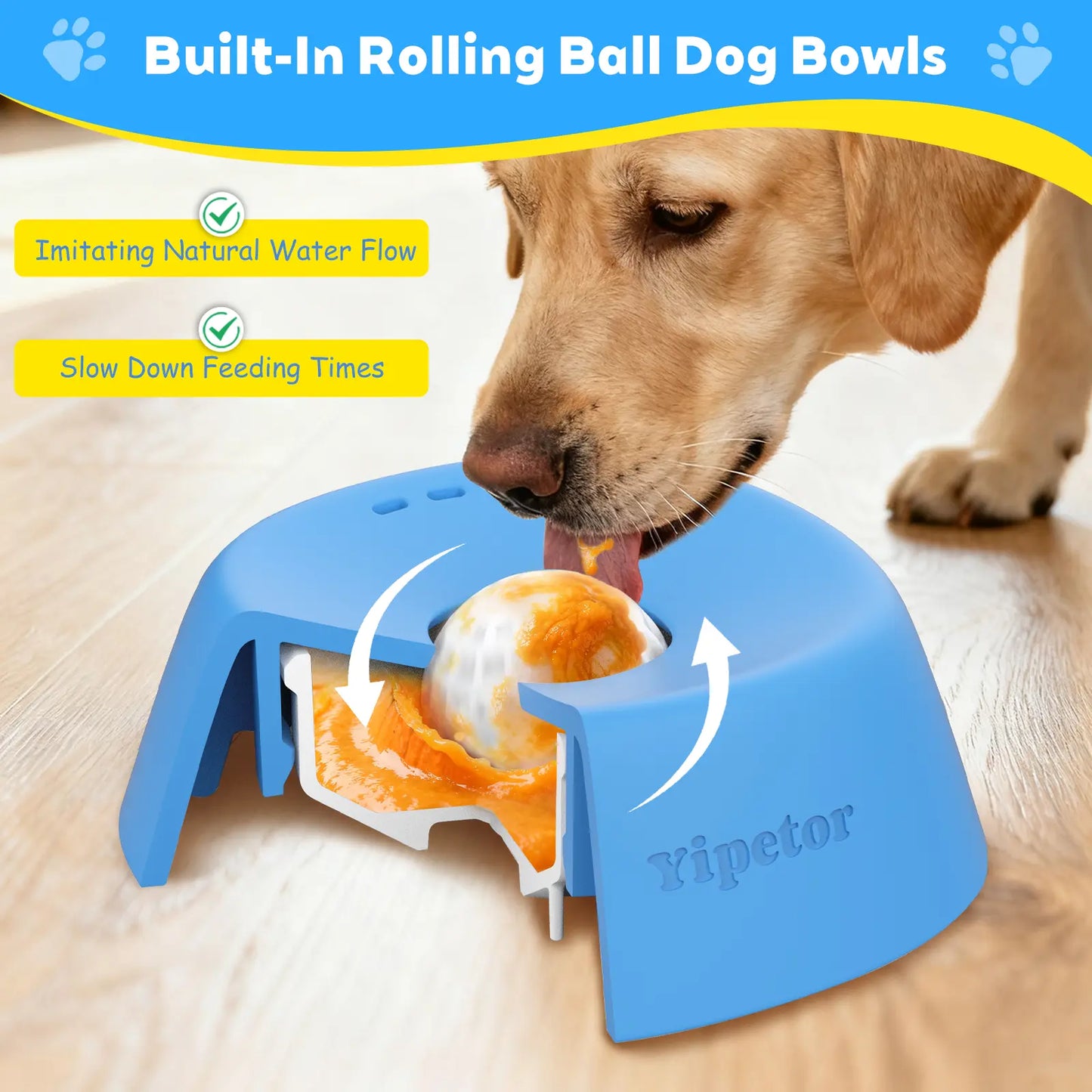 Yipetor Slow Feeder Dog Bowl with Integrated Rolling Ball for Liquid Treats, Spill-Resistant Bone Broth Licking Bowl, Versatile Puppy Yogurt Feeder Suitable for All Breeds and Dietary Supplements