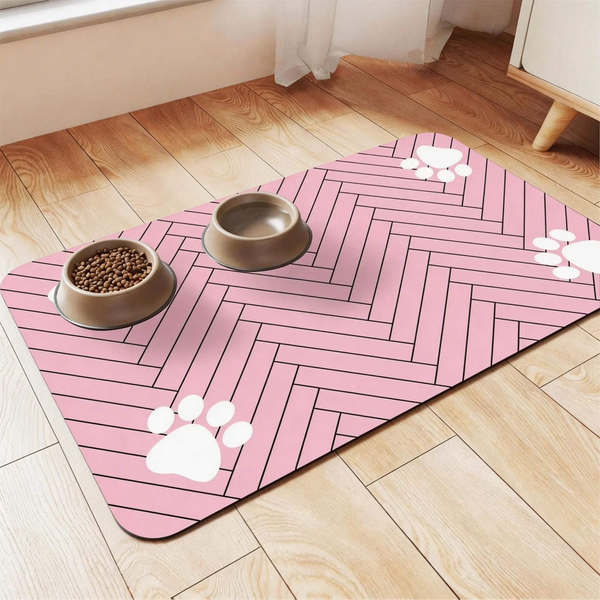 Absorbent Quick-Drying Pet Feeding Mat for Dogs and Cats with Non-Slip Rubber Base and Dark Polyester Surface for Indoor Use