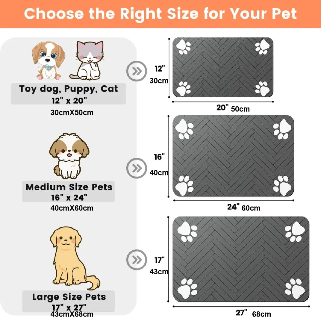 Absorbent Quick-Drying Pet Feeding Mat for Dogs and Cats with Non-Slip Rubber Base and Dark Polyester Surface for Indoor Use