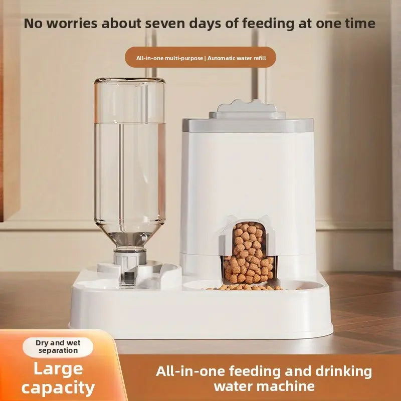 Cat Water Dispenser with Integrated Food Basin - Battery-Free, Modern White Design for Easy Cleaning and Hydration, Ideal for Small Dogs, Durable and Sturdy Pet Hydration Solution
