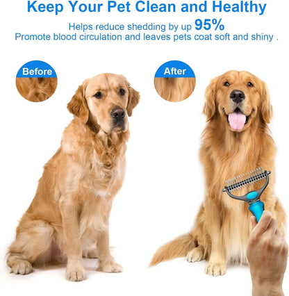 Professional Pet Grooming Brush - Double-Sided Shedding and Dematting Undercoat Rake Comb for Dogs and Cats, Eliminates Shedding and Loose Hair