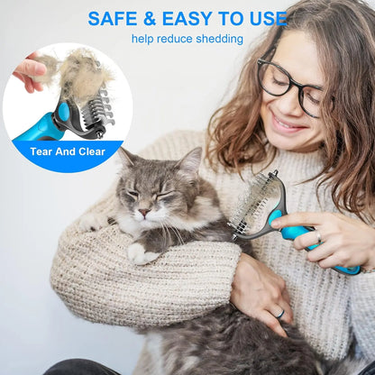 Professional Pet Grooming Brush - Double-Sided Shedding and Dematting Undercoat Rake Comb for Dogs and Cats, Eliminates Shedding and Loose Hair