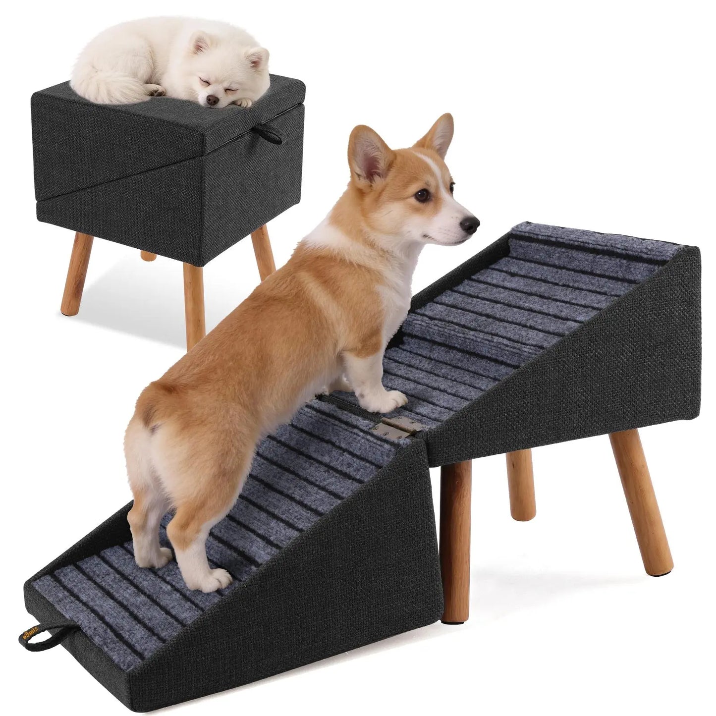17-Inch Wooden Dog Stairs Ramp for Couch | Ziluce Convertible Ottoman Ramp for Sofa or Short Bed | Ideal for Senior, Small, and Medium Dogs, Including Dachshunds | 2-In-1 Home Step Stool with Wooden Base
