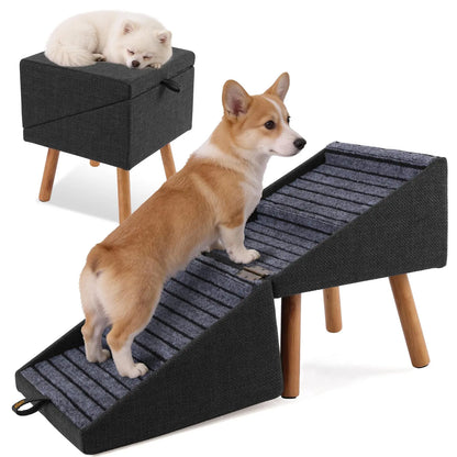 17-Inch Wooden Dog Stairs Ramp for Couch | Ziluce Convertible Ottoman Ramp for Sofa or Short Bed | Ideal for Senior, Small, and Medium Dogs, Including Dachshunds | 2-In-1 Home Step Stool with Wooden Base