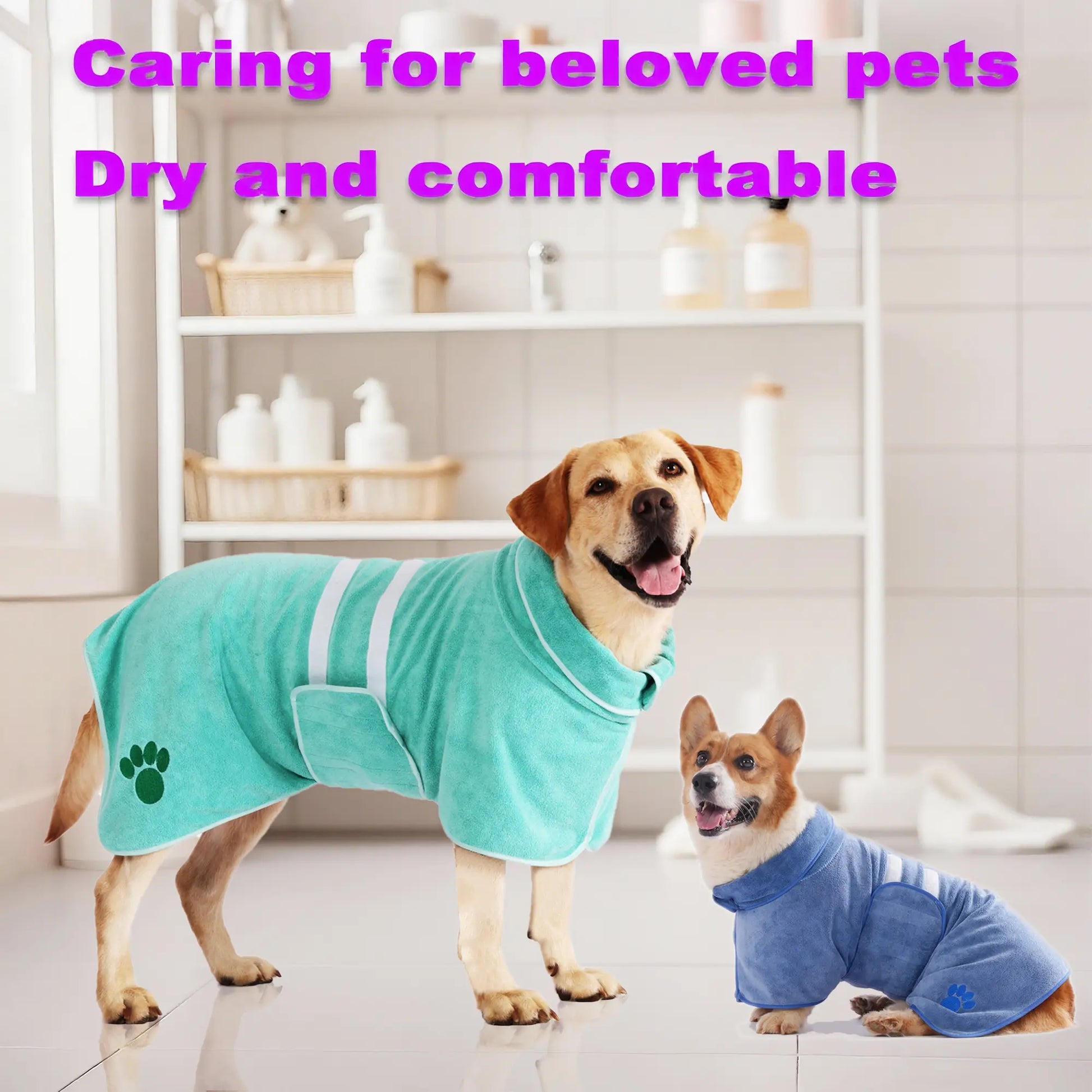 Quick-Drying Embroidered Terry Dog Bathrobe with Adjustable Belly Band - Super-Absorbent and Soft Fabric
