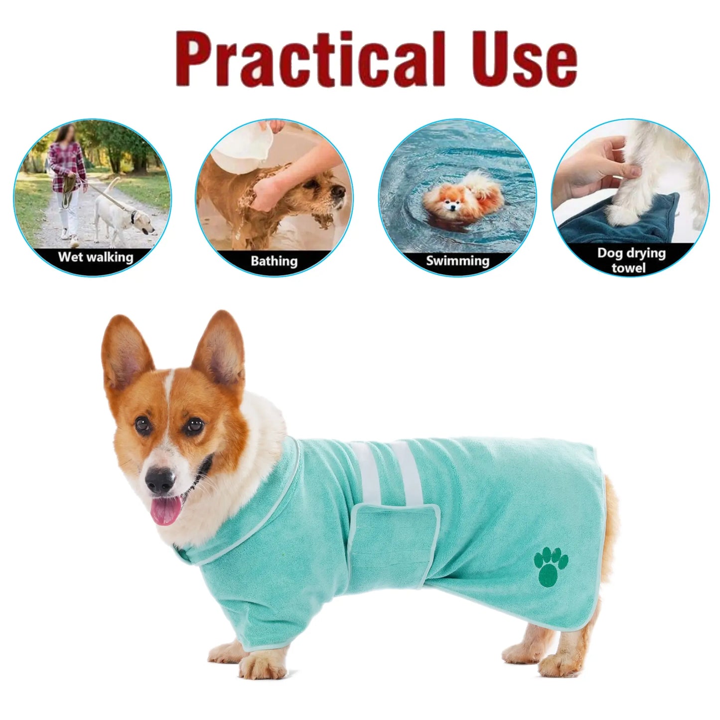 Quick-Drying Embroidered Terry Dog Bathrobe with Adjustable Belly Band - Super-Absorbent and Soft Fabric