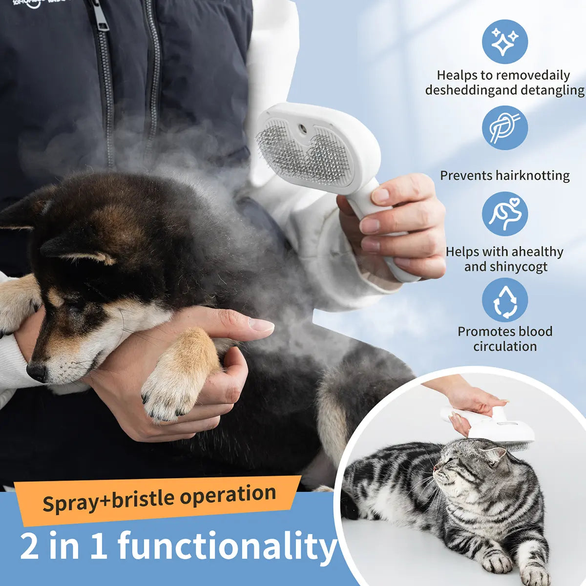 Catpick Pet Spray Hair Removal Comb with Odor Eliminating Feature, One-Button Operation for Cats and Dogs