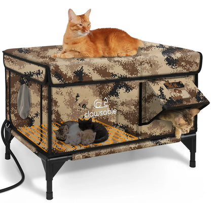 Clawsable Indestructible Heated Outdoor Cat House - 100% Waterproof, Fully Insulated Shelter with Safe Escape Door for Feral Cats and Kittens in Winter