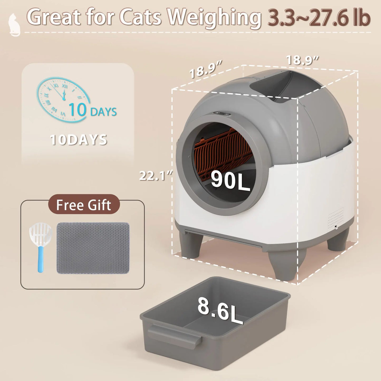 Warcat Smart Low-Noise Self-Cleaning Cat Litter Box 90L with App Control, Smart Sensors, and Safety Features for Easy Maintenance and Setup