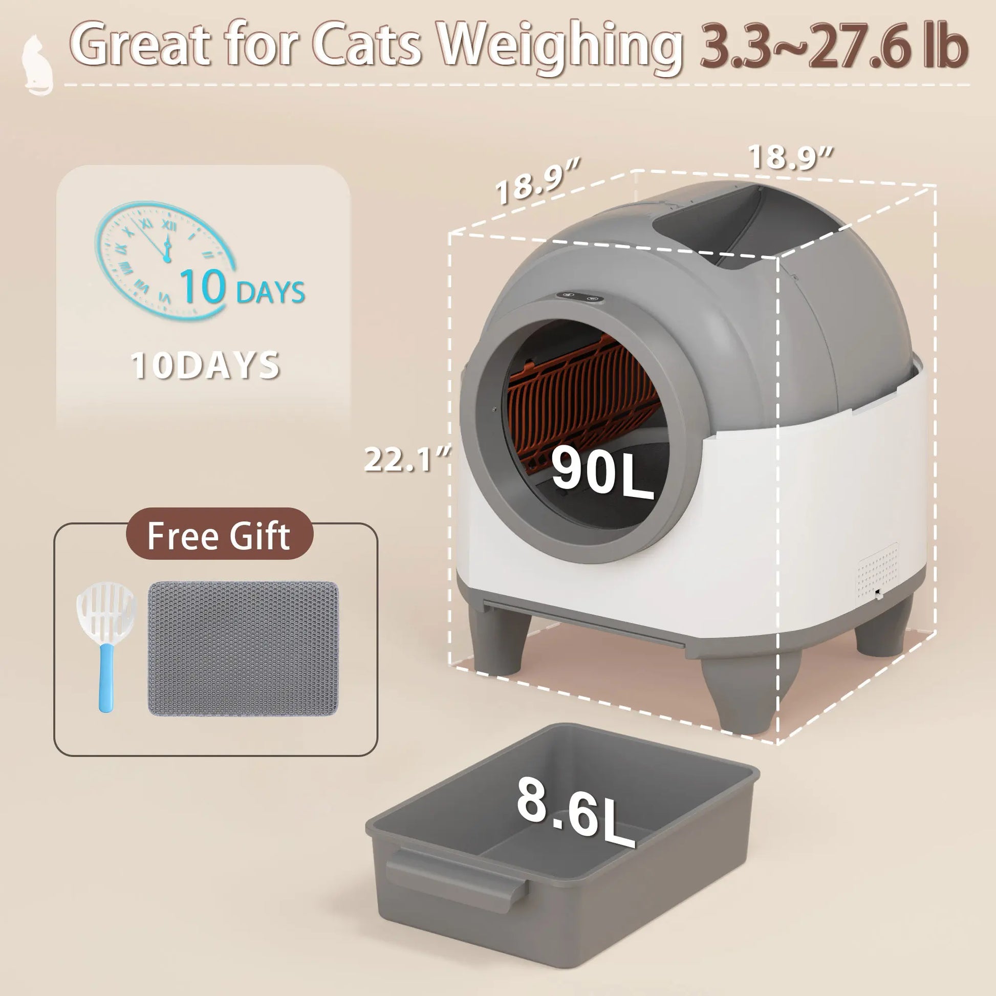 Warcat Smart Low-Noise Self-Cleaning Cat Litter Box 90L with App Control, Smart Sensors, and Safety Features for Easy Maintenance and Setup