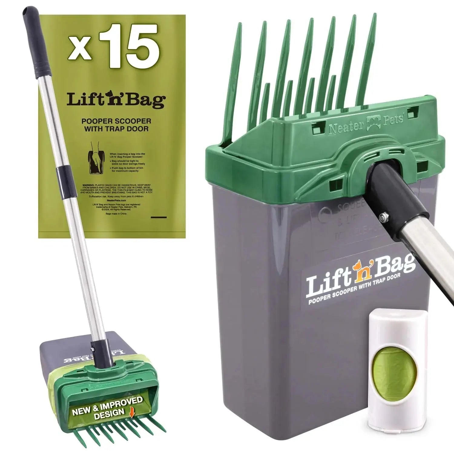 Neater Pets Lift N' Bag Dog Pooper Scooper 2.0 - 22-Inch Pole with Scoop-To-Bag Design, One-Handed Operation, Extra-Large Bags, Made in the USA