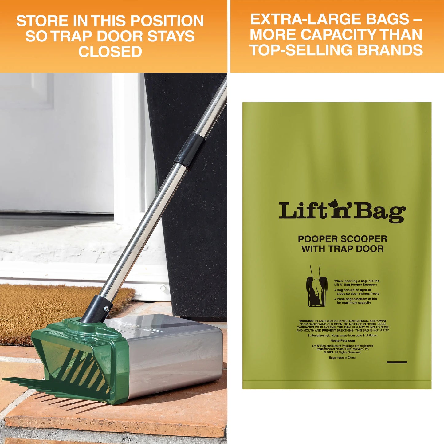 Neater Pets Lift N' Bag Dog Pooper Scooper 2.0 - 22-Inch Pole with Scoop-To-Bag Design, One-Handed Operation, Extra-Large Bags, Made in the USA
