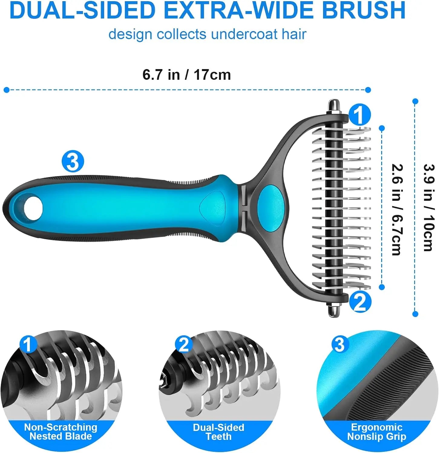 Professional Pet Grooming Brush - Double-Sided Shedding and Dematting Undercoat Rake Comb for Dogs and Cats, Eliminates Shedding and Loose Hair