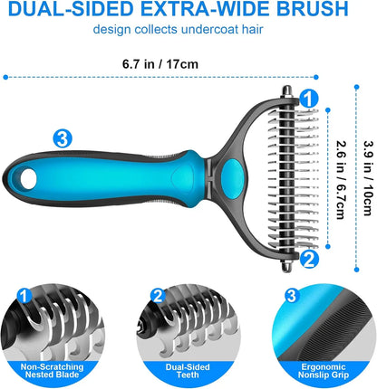 Professional Pet Grooming Brush - Double-Sided Shedding and Dematting Undercoat Rake Comb for Dogs and Cats, Eliminates Shedding and Loose Hair