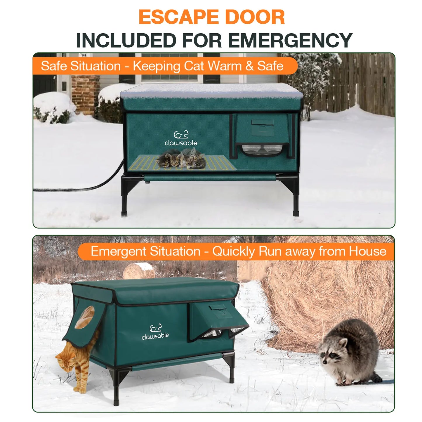 Clawsable Indestructible Heated Outdoor Cat House - 100% Waterproof, Fully Insulated Shelter with Safe Escape Door for Feral Cats and Kittens in Winter