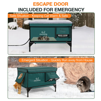 Clawsable Indestructible Heated Outdoor Cat House - 100% Waterproof, Fully Insulated Shelter with Safe Escape Door for Feral Cats and Kittens in Winter