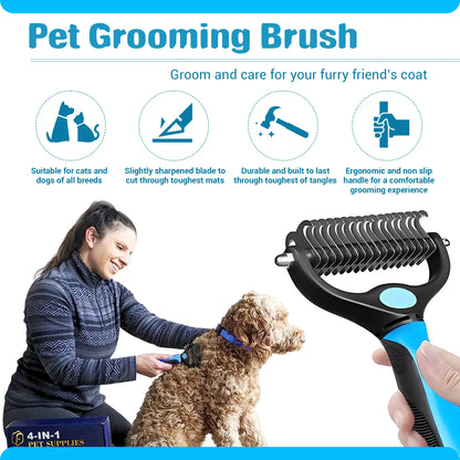 FIDEH 4-Piece Pet Grooming Set: Reusable Cat and Dog Hair Remover Brush, Double-Sided Shedding Brush, Nail Clippers and Trimmers, and Nylon Collar for Medium Dogs (Pink)