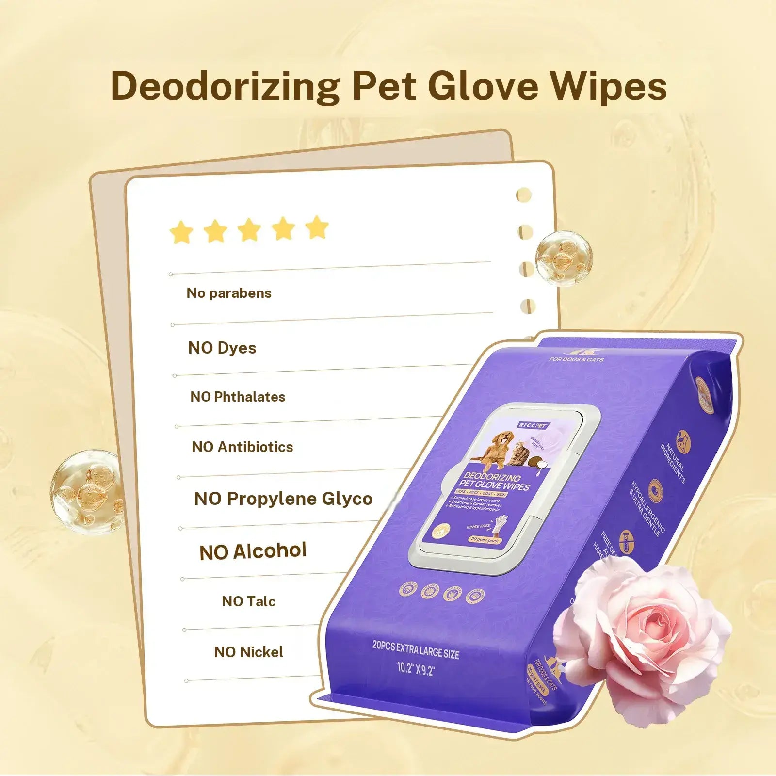HICC PET Hypoallergenic Disposable Dog Grooming Wipes (20 Count) - Natural No-Rinse Formula with Fermented Oils for Hair Removal, Deodorizing, Skin Moisture, and Paw Care for Outdoor Use