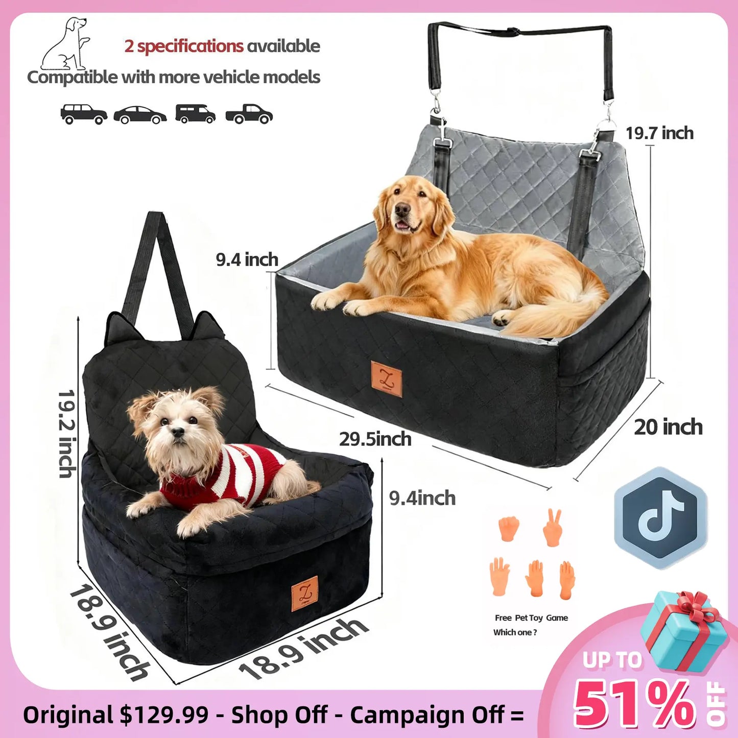 Zvrpet Fully Detachable and Washable Memory Foam Dog Car Seat with Adjustable Straps and Anti-Slip Bottom for SUV Back Seat Pet Bed