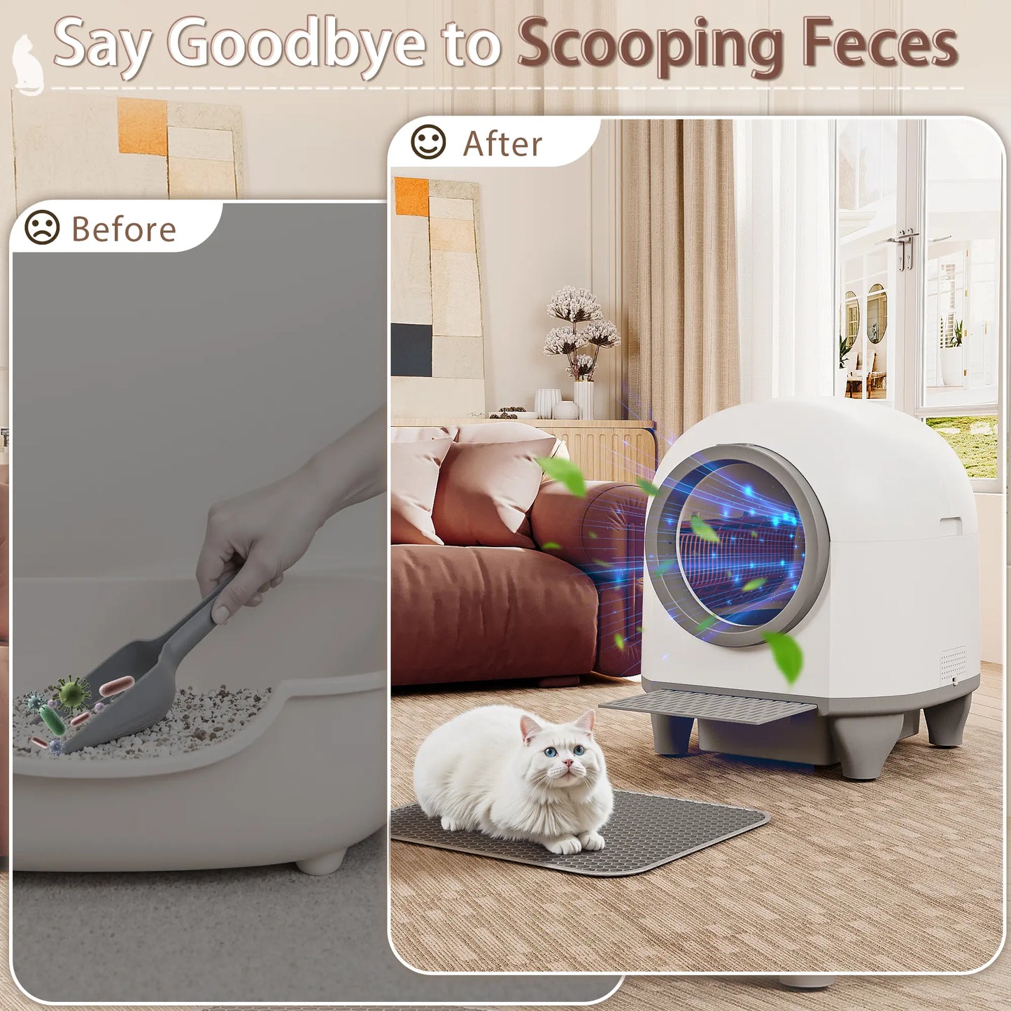 Warcat Smart Low-Noise Self-Cleaning Cat Litter Box 90L with App Control, Smart Sensors, and Safety Features for Easy Maintenance and Setup