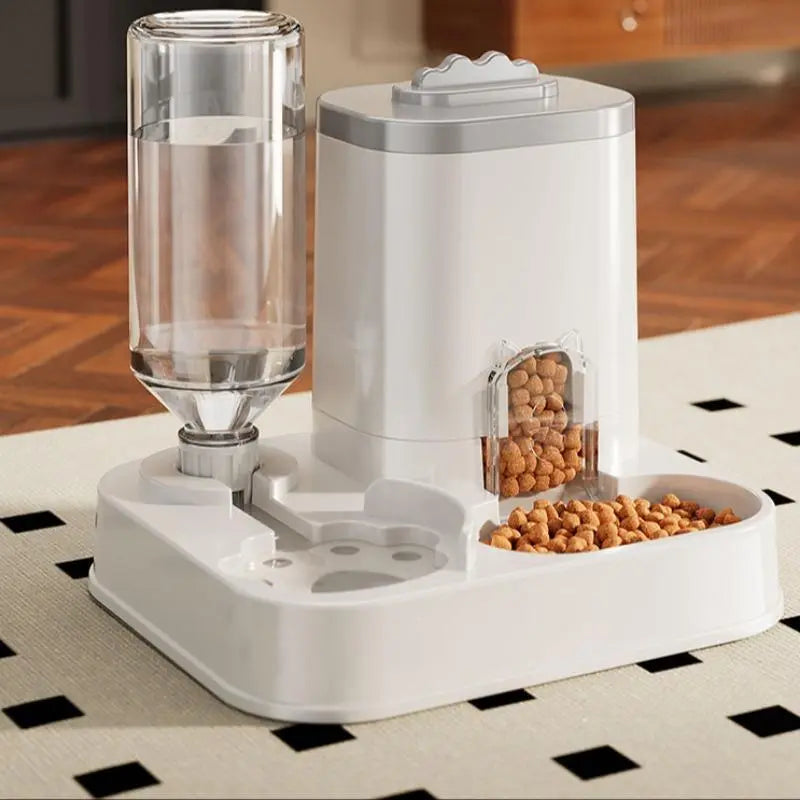 Cat Water Dispenser with Integrated Food Basin - Battery-Free, Modern White Design for Easy Cleaning and Hydration, Ideal for Small Dogs, Durable and Sturdy Pet Hydration Solution