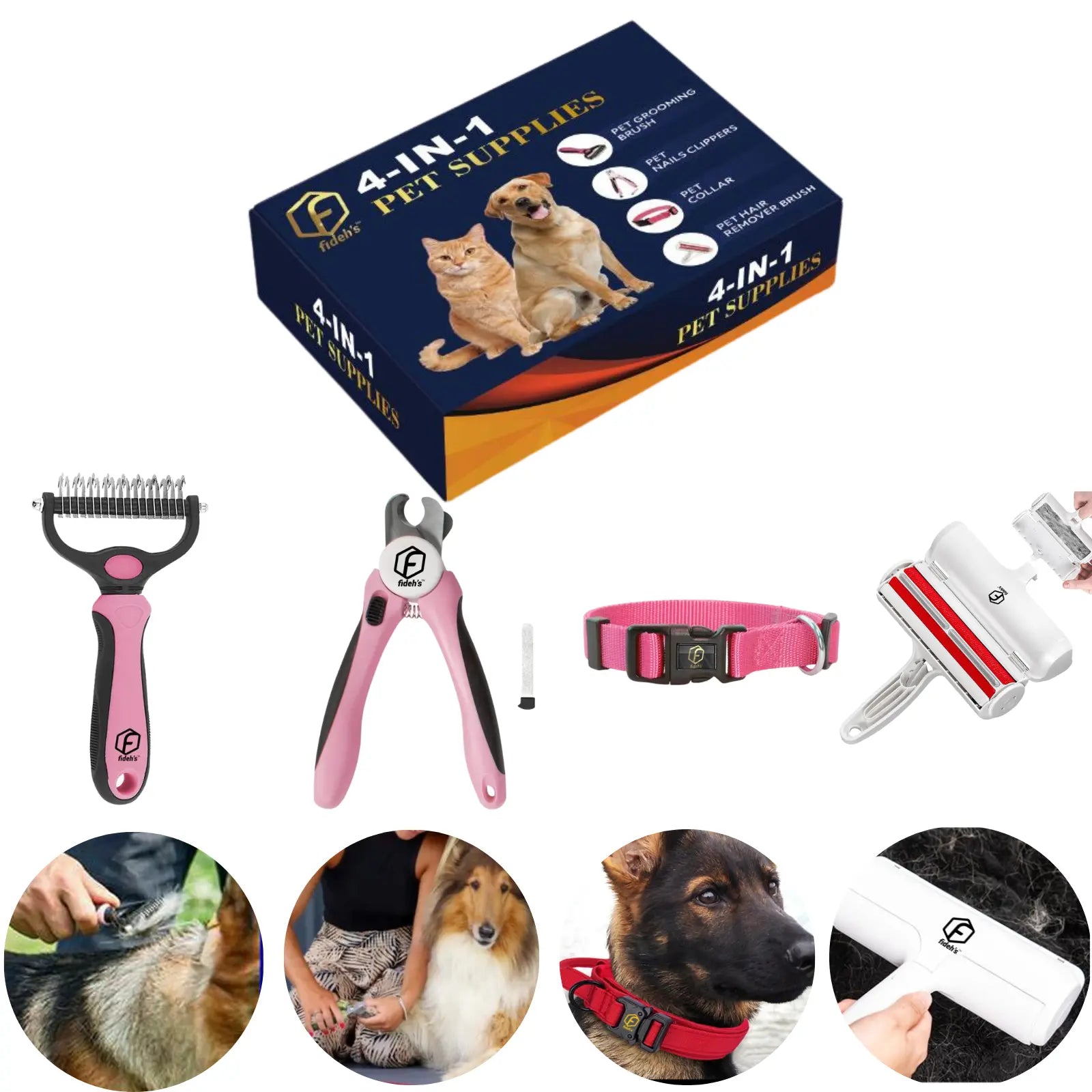 FIDEH 4-Piece Pet Grooming Set: Reusable Cat and Dog Hair Remover Brush, Double-Sided Shedding Brush, Nail Clippers and Trimmers, and Nylon Collar for Medium Dogs (Pink)