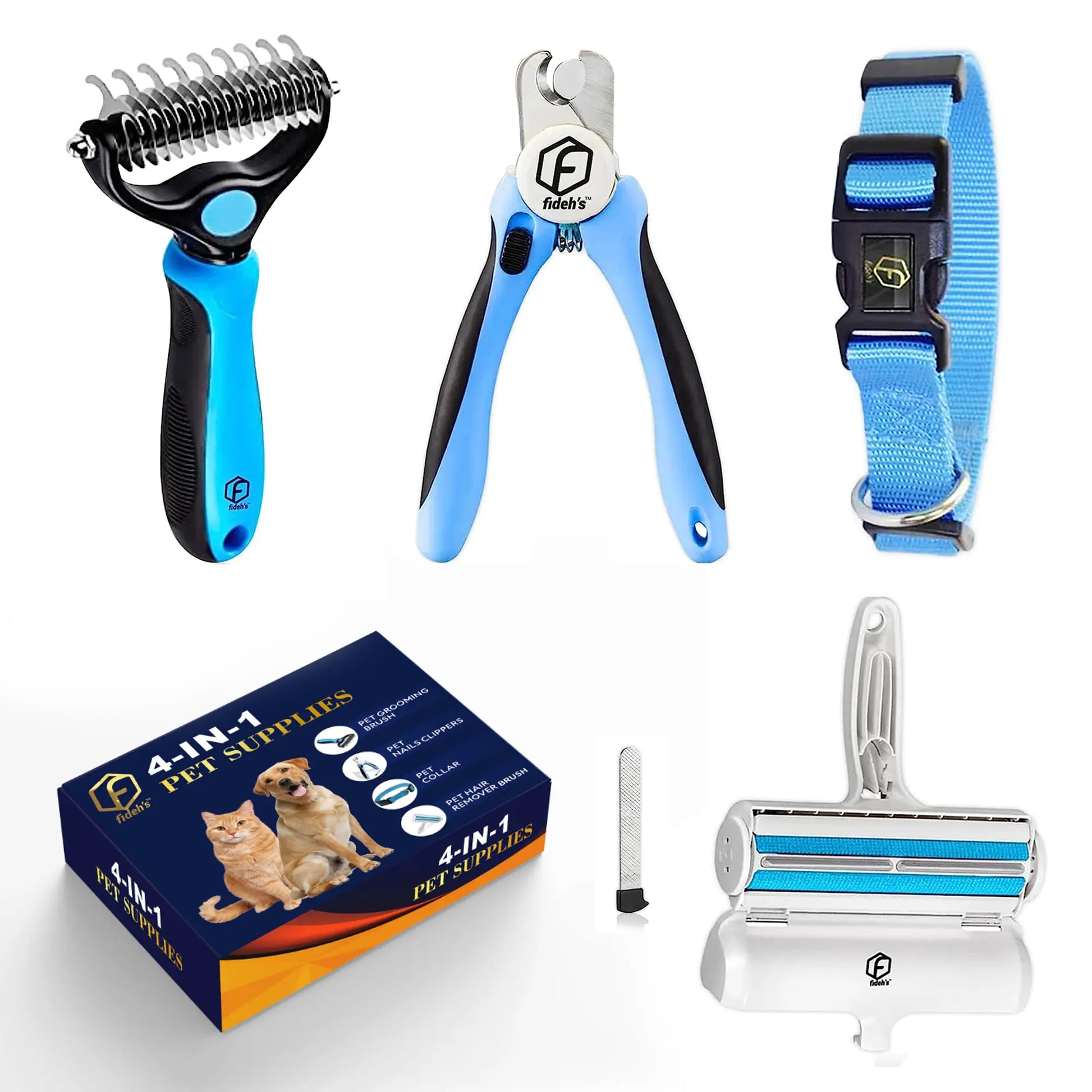 FIDEH 4-Piece Pet Grooming Set: Reusable Cat and Dog Hair Remover Brush, Double-Sided Shedding Brush, Nail Clippers and Trimmers, and Nylon Collar for Medium Dogs (Pink)
