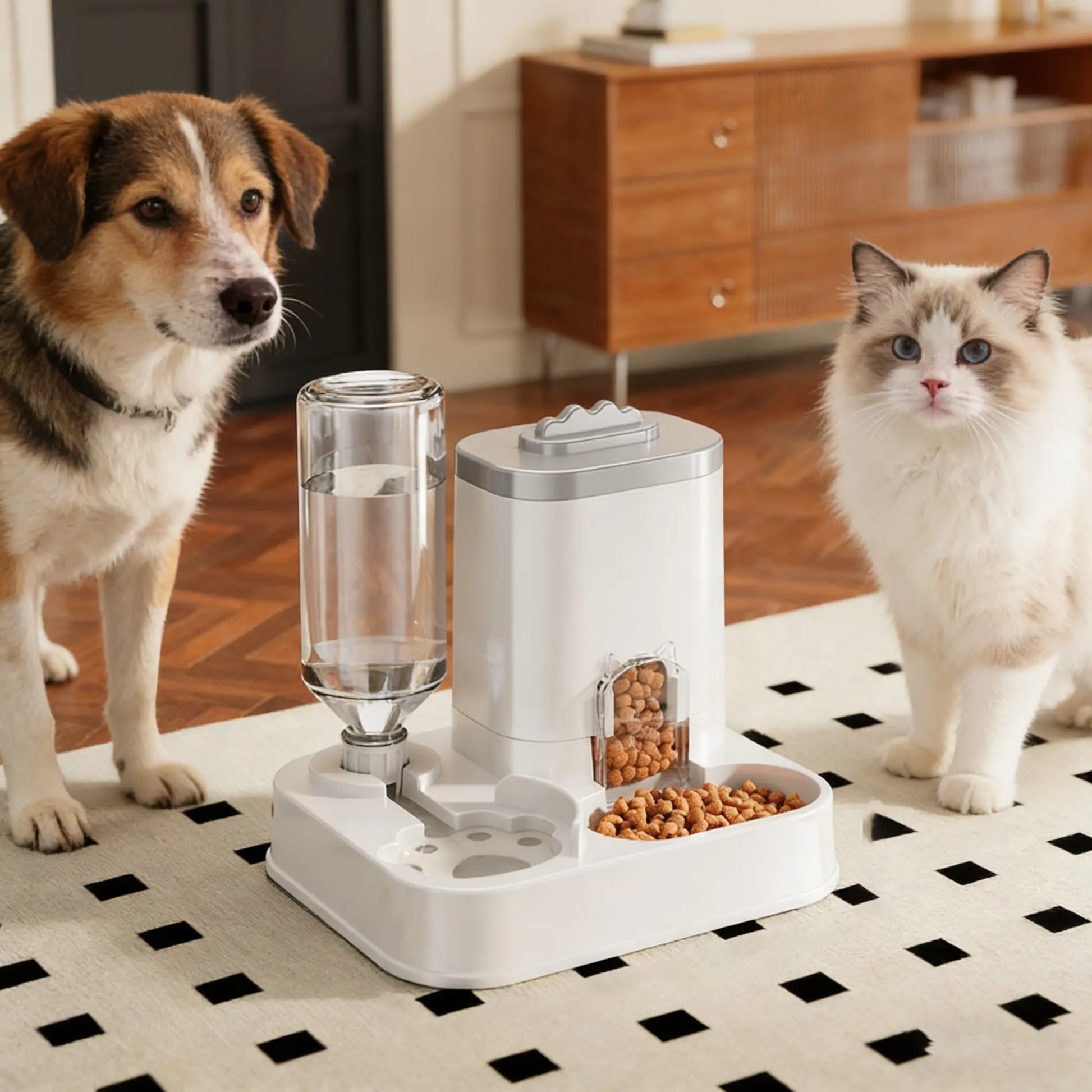 Cat Water Dispenser with Integrated Food Basin - Battery-Free, Modern White Design for Easy Cleaning and Hydration, Ideal for Small Dogs, Durable and Sturdy Pet Hydration Solution