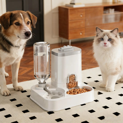 Cat Water Dispenser with Integrated Food Basin - Battery-Free, Modern White Design for Easy Cleaning and Hydration, Ideal for Small Dogs, Durable and Sturdy Pet Hydration Solution