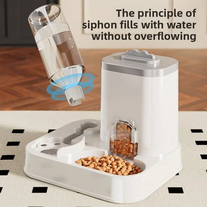 Cat Water Dispenser with Integrated Food Basin - Battery-Free, Modern White Design for Easy Cleaning and Hydration, Ideal for Small Dogs, Durable and Sturdy Pet Hydration Solution