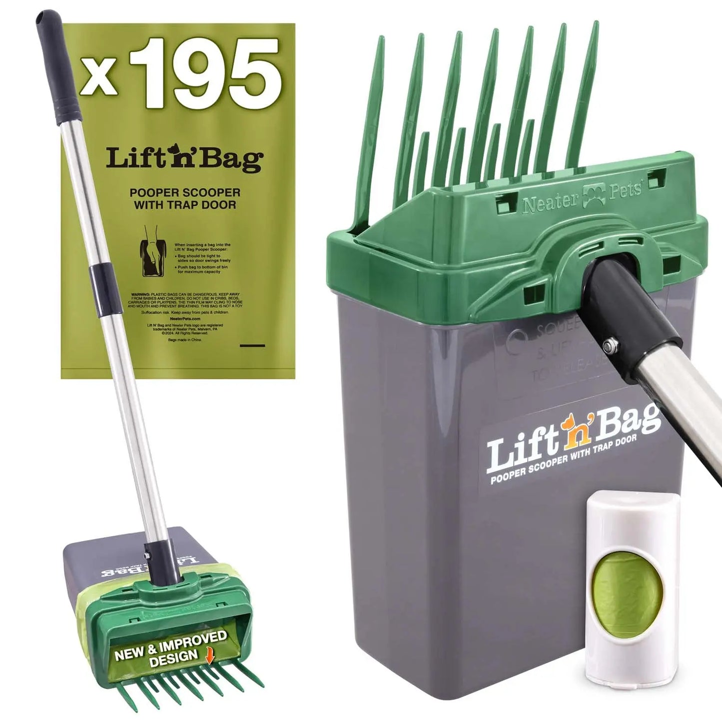 Neater Pets Lift N' Bag Dog Pooper Scooper 2.0 - 22-Inch Pole with Scoop-To-Bag Design, One-Handed Operation, Extra-Large Bags, Made in the USA