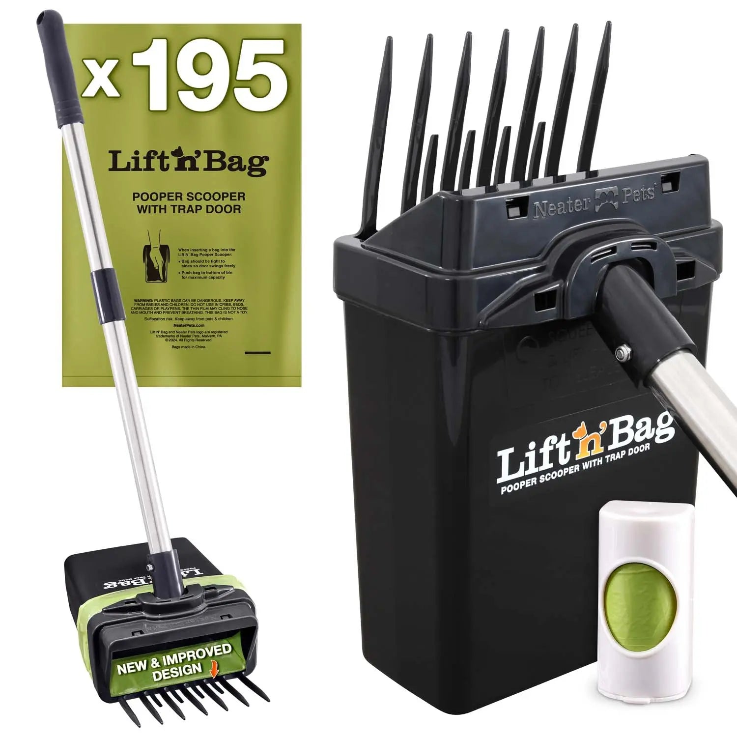 Neater Pets Lift N' Bag Dog Pooper Scooper 2.0 - 22-Inch Pole with Scoop-To-Bag Design, One-Handed Operation, Extra-Large Bags, Made in the USA