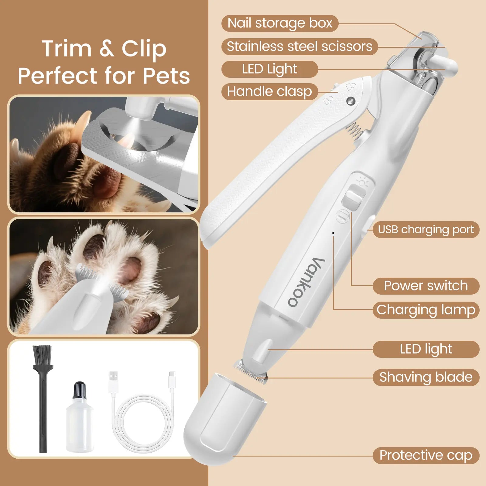 Vankoo 2-in-1 Rechargeable Dog Nail Clipper and Paw Hair Trimmer Kit with LED Light – Waterproof and Low Noise Grooming Solution for Small Dogs and Cats – Ideal Christmas Gift